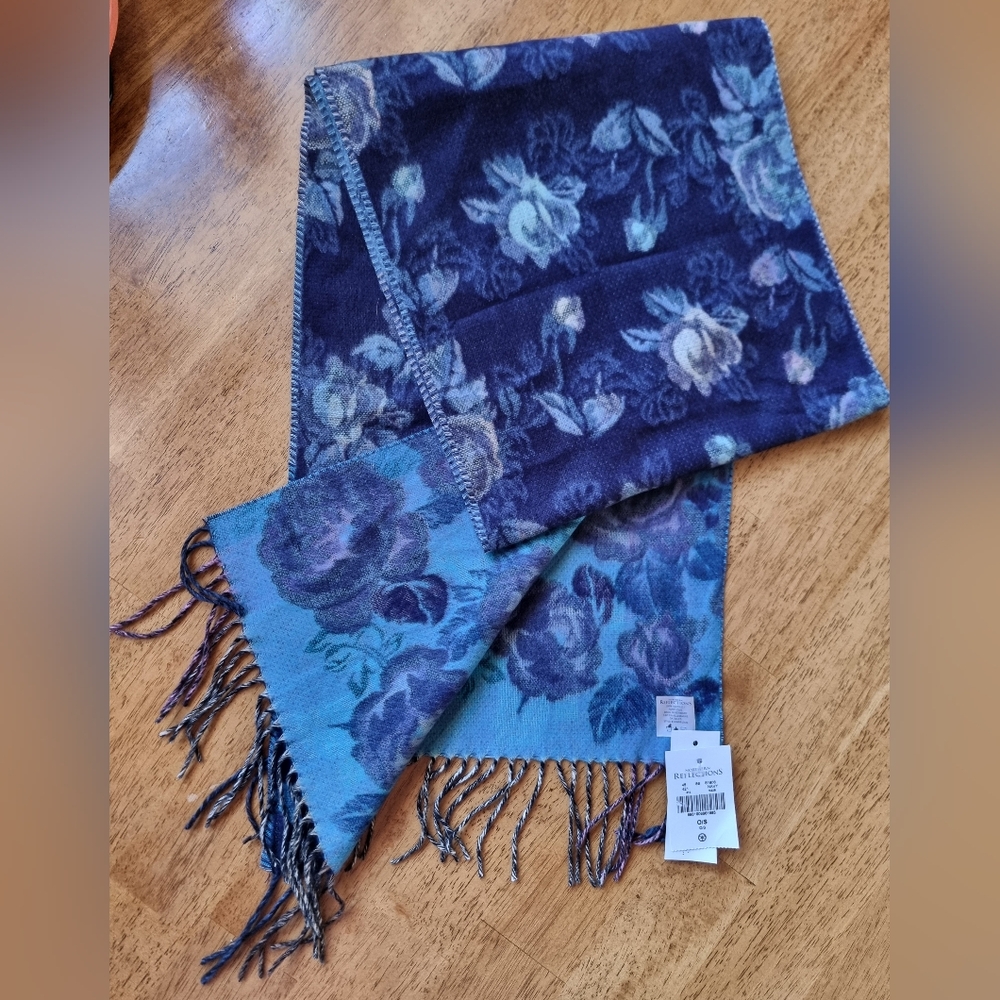🆕️ Floral Soft Blue and Purple Reversible Scarf With Fringe